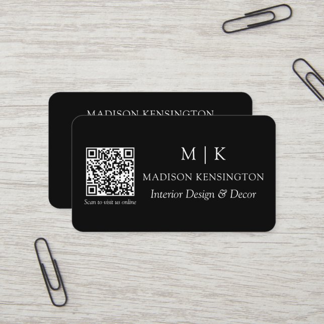 Carte De Visite Monogramme noir moderne ou ajouter un logo Code QR (Devant/Arrière en situation)