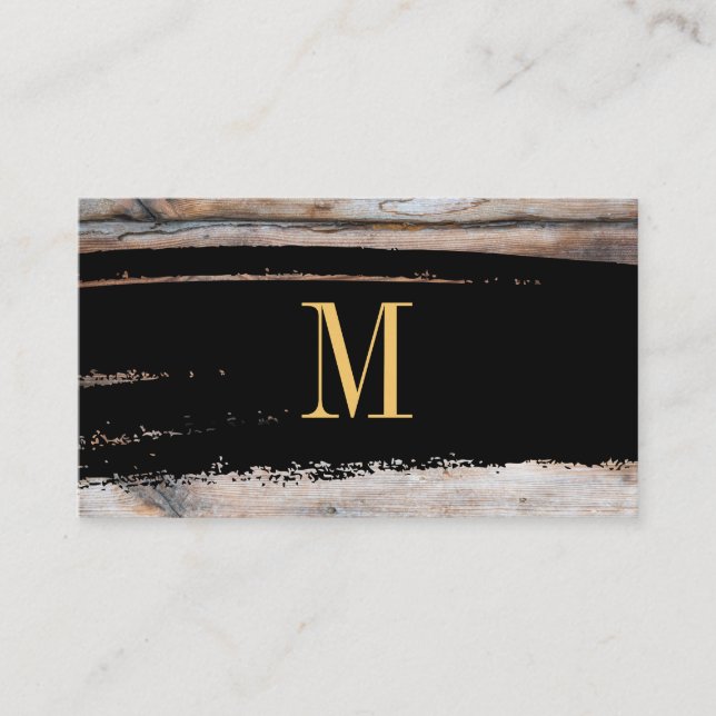 Carte De Visite Monogramme noir/or brossé | Bois (Devant)