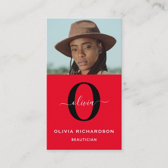 Carte De Visite Monogramme Nom du script Rouge Noir Blanc Travail  (Devant)