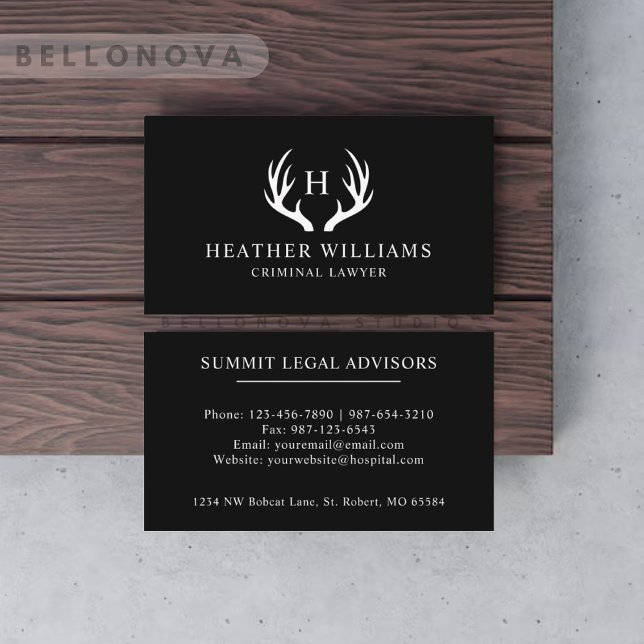 Carte De Visite Monogramme personnalisé Antler Cerf Noir Et Blanc (Custom Black And White Deer Antler Monogrammed Business Card)