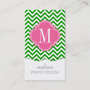 Carte De Visite Monogramme personnalisé par zigzag vert-foncé de