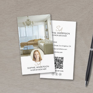 Carte De Visite Monogramme Photo QR Blanc Concepteur intérieur