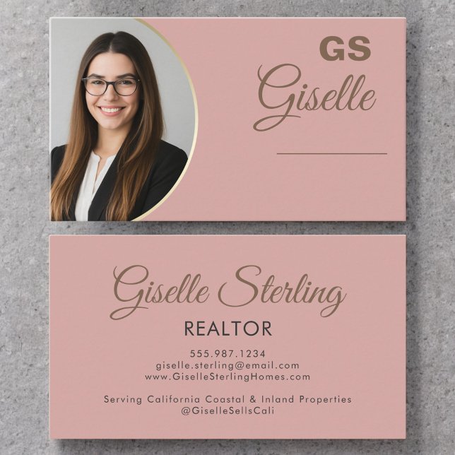 Carte De Visite Monogramme photo rose vif Realtor Luxe (Créateur téléchargé)