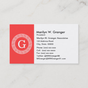 Carte De Visite Monogramme principal grec blanc rouge de corail
