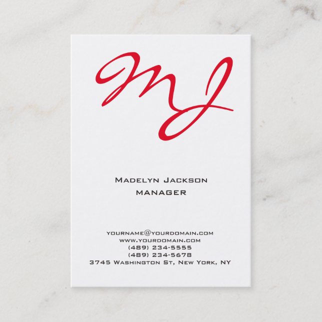 Carte De Visite monogramme professionnel blanc rouge moderne (Devant)