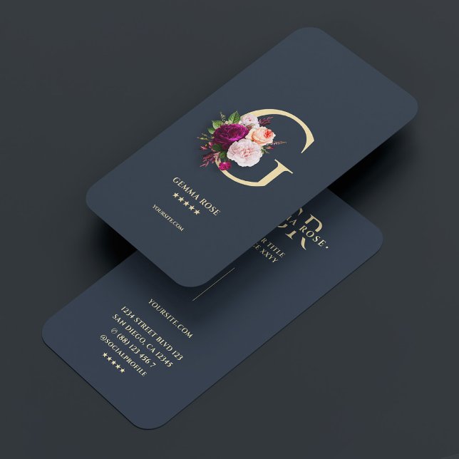 Carte De Visite Monogramme professionnel bleu foncé Floral G (Modern Monogram Professional Dark Blue Floral G Business Card
)
