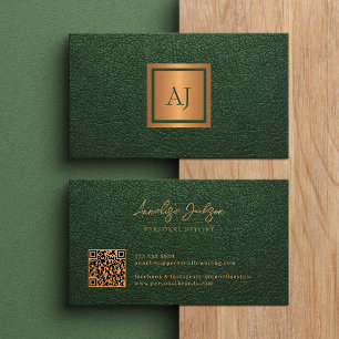 Carte De Visite Monogramme QR code doré vert moderne unique et aud