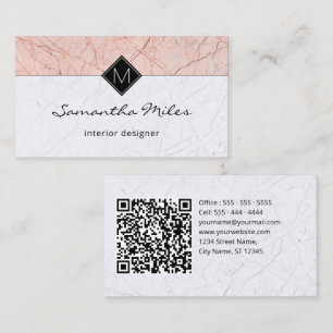 Carte De Visite Monogramme QR Code Élégant Rose gris marbre