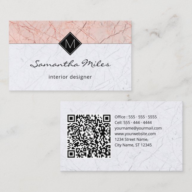Carte De Visite Monogramme QR Code Élégant Rose gris marbre (Devant / Derrière)