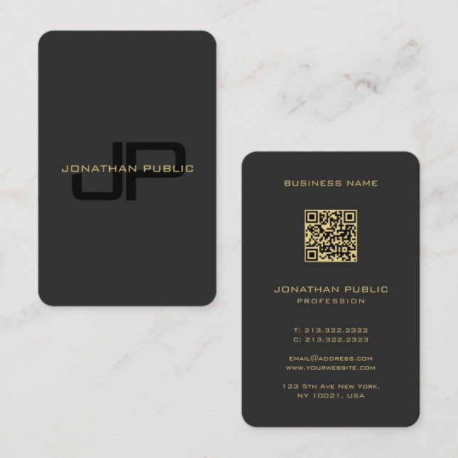 Carte De Visite Monogramme QR Code Modèle Noir Et Or Européen (Devant / Derrière)