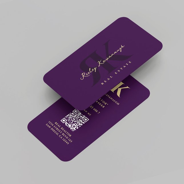 Carte De Visite Monogramme R K foncé pourpre (Modern Realtor Monogram R K Dark Purple Professional Marketing Real Estate Agent Business Card
)