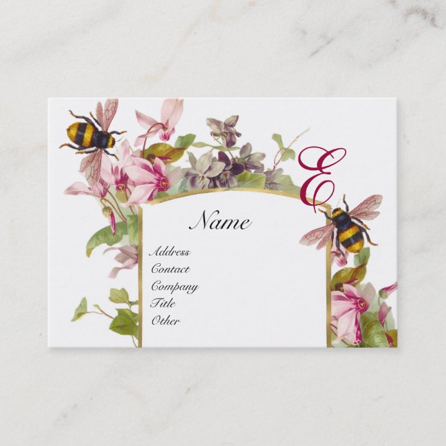 Carte De Visite MONOGRAMME ROMANTIQUE, cyclamens et abeilles de mi (Devant)
