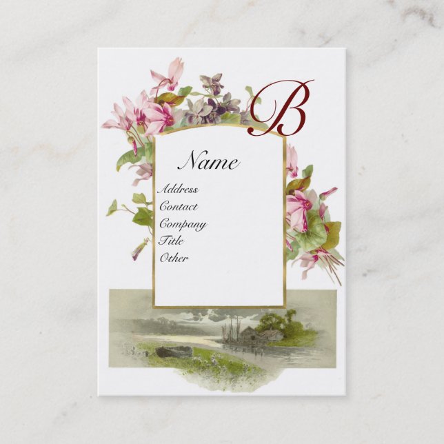 Carte De Visite MONOGRAMME ROMANTIQUE, Cyclamens vert rose blanc (Devant)