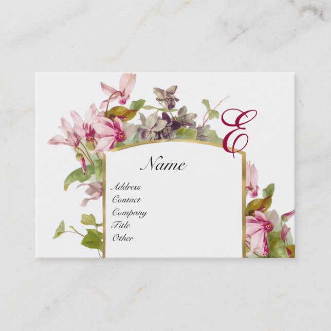 Carte De Visite MONOGRAMME ROMANTIQUE, Cyclamens vert rose blanc (Devant)