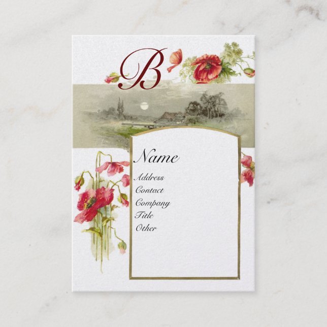 Carte De Visite MONOGRAMME ROMANTIQUE, POPIES vert rouge perle bla (Devant)