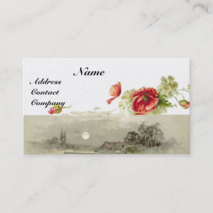 Carte De Visite MONOGRAMME ROMANTIQUE, POPIES vert rouge perle bla