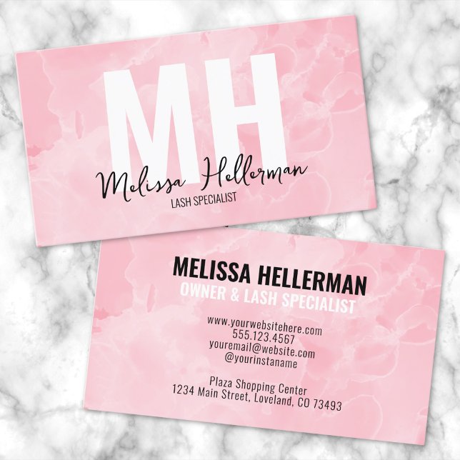 Carte De Visite Monogramme rose clair simple en marbre moderne (Chic Elegant Pink Marble Watercolor Monogram Business Card)