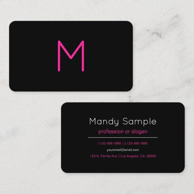 Carte De Visite Monogramme rose et noir moderne modifiable (Devant / Derrière)
