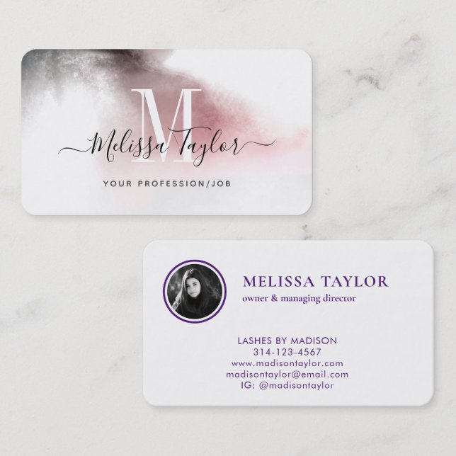 Carte De Visite Monogramme rose et violet Misty Ombre (Devant / Derrière)
