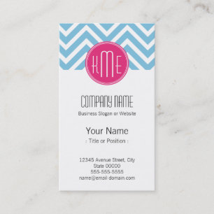 Carte De Visite Monogramme rose magenta avec Chevron bleu-clair