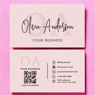 Carte De Visite Monogramme rose rose QR Code moderne minimaliste