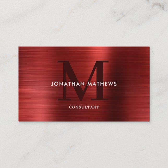 Carte De Visite Monogramme rouge métal brossé professionnel modern (Devant)