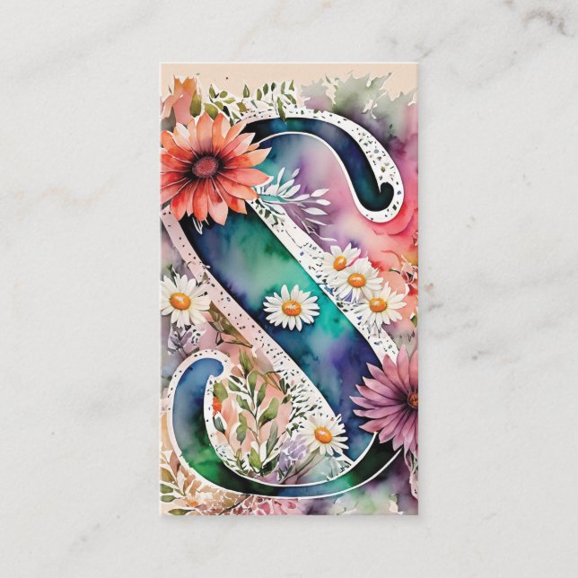Carte De Visite Monogramme S Daisy Floral Aquarelle QR Code Logo (Devant)