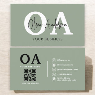 Carte De Visite Monogramme Sage vert QR Code moderne minimaliste