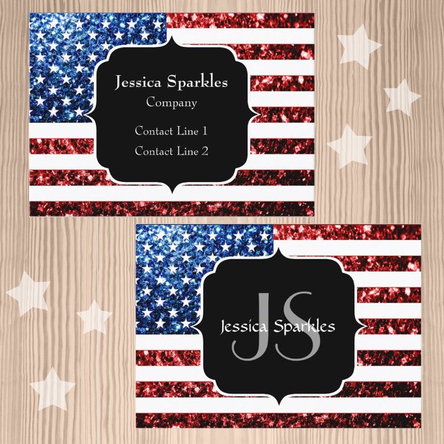 Carte De Visite Monogramme scintillements rouges et bleus du drape (Customize patriotic USA flag red and blue faux sparkles glitters print Monogram Business Card)