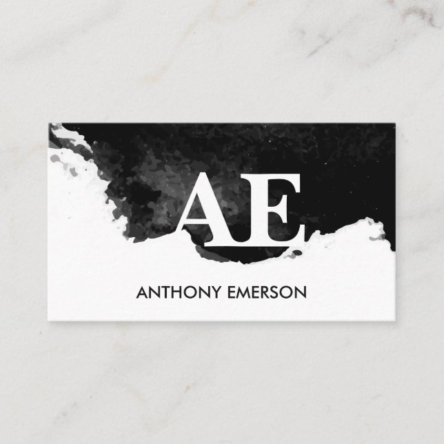 Carte De Visite Monogramme Serif | Texture d'aquarelle noire (Devant)