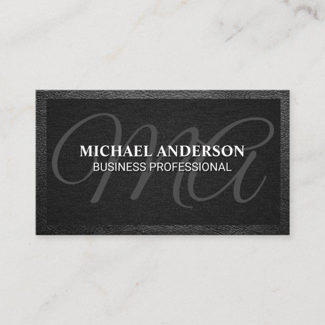 Carte De Visite Monogramme Serif | Texture noire | Cuir (Devant)