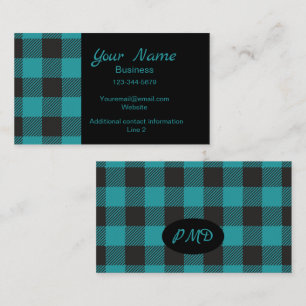 Carte De Visite Monogramme Turquoise Turquoise noir Buffalo Plaid 