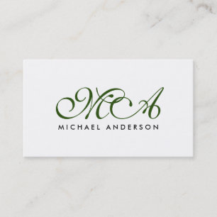 Carte De Visite Monogramme vert Élégant Script blanc clair