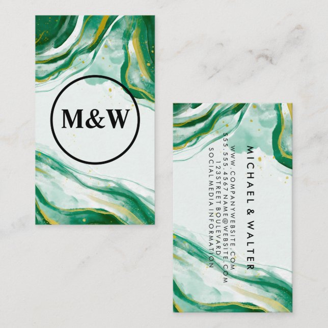 Carte De Visite Monogramme | Verte Aquarelle Artistique Texture (Devant / Derrière)