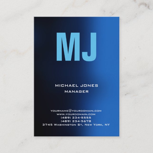 Carte De Visite Monogramme vertical bleu unique tendance (Devant)