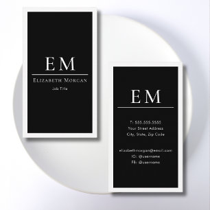 Carte De Visite Monogramme Vertical Minimaliste Noir Blanc Moderne