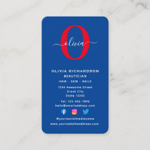 Carte De Visite Monogramme vertical Nom du script Bleu Blanc Rouge