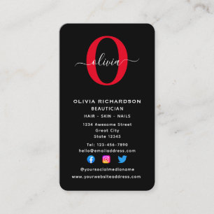 Carte De Visite Monogramme vertical Nom du script Noir Blanc Rouge