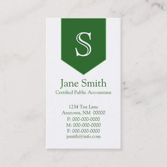 Carte de visite Monogramme vertical, Vert (Devant)