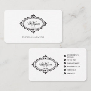 Carte De Visite Monogramme Vintage minimaliste noir et blanc Damas