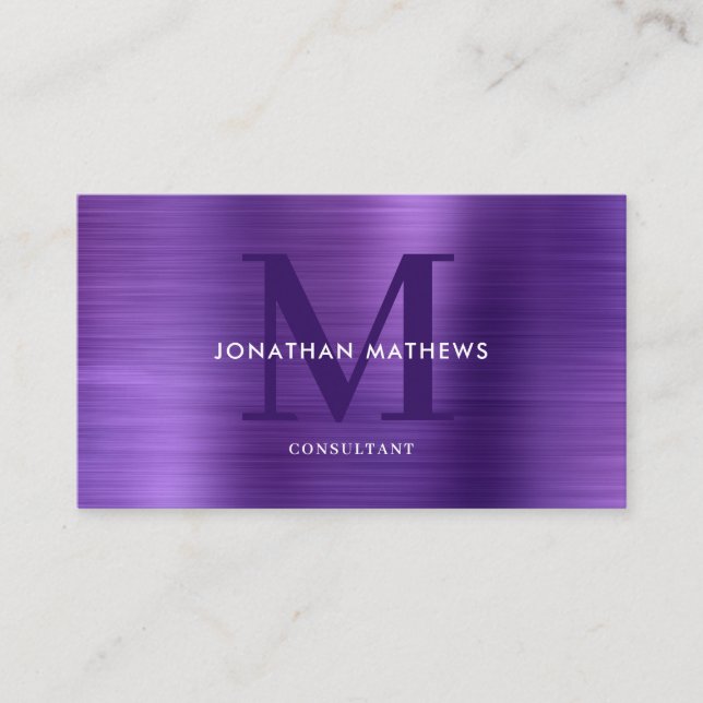 Carte De Visite Monogramme violet en métal brossé professionnel mo (Devant)
