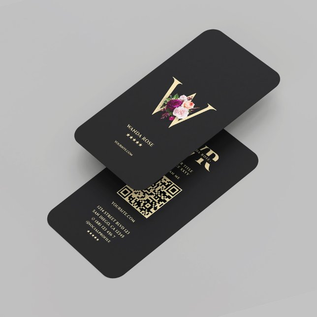 Carte De Visite Monogramme W Floral Black Gold (Modern Elegant Monogram W Floral Black Gold Business Card
)