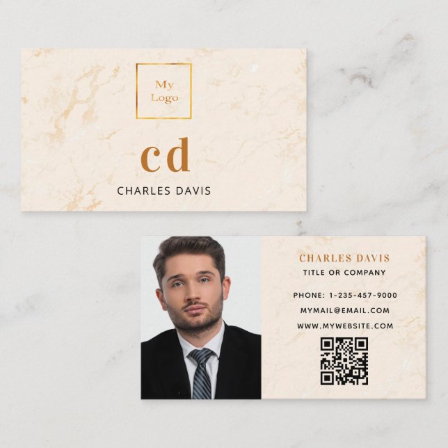 Carte De Visite Monographie en or marbre photo code Qr logo (Devant / Derrière)