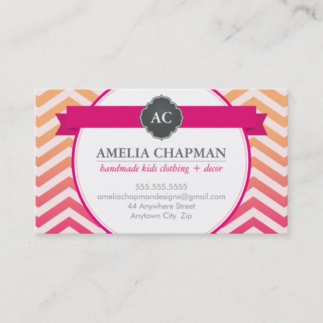 Carte De Visite MONOGRAS clair ombre chevron motif rose orange (Devant)