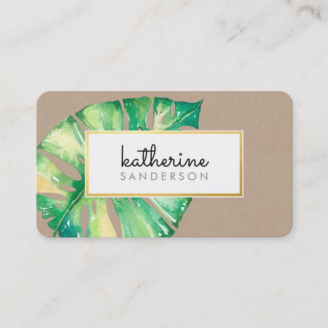 Carte De Visite MONSTERA LEAF éco peint aquarelle moderne kraft (Devant)