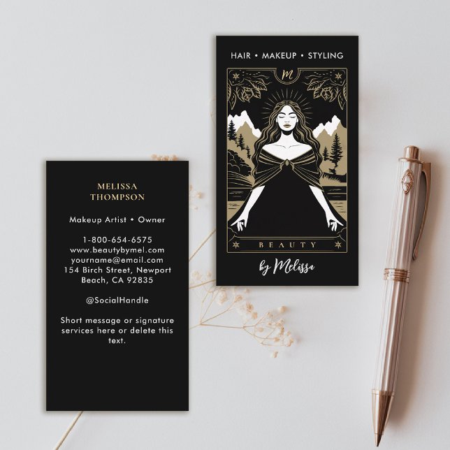 Carte De Visite Monts Tarot Déesse Moderne Élégant Or Noir Noir (tarot business card mountains nature mystical gold black makeup hair lashes psychic reiki healer)