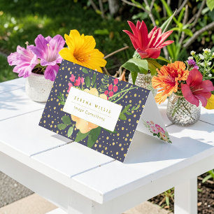 Carte De Visite Motif à points jaunes et or sur fond bleu marine f