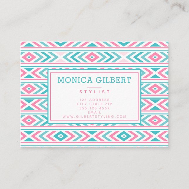 Carte De Visite Motif aztèque géométrique turquoise et rose (Devant)