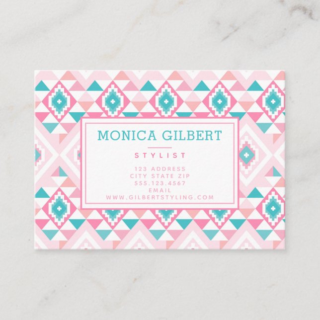Carte De Visite Motif aztèque rose et turquoise (Devant)