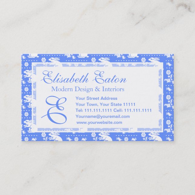 Carte De Visite Motif bleu et blanc de monogramme de lapin (Devant)